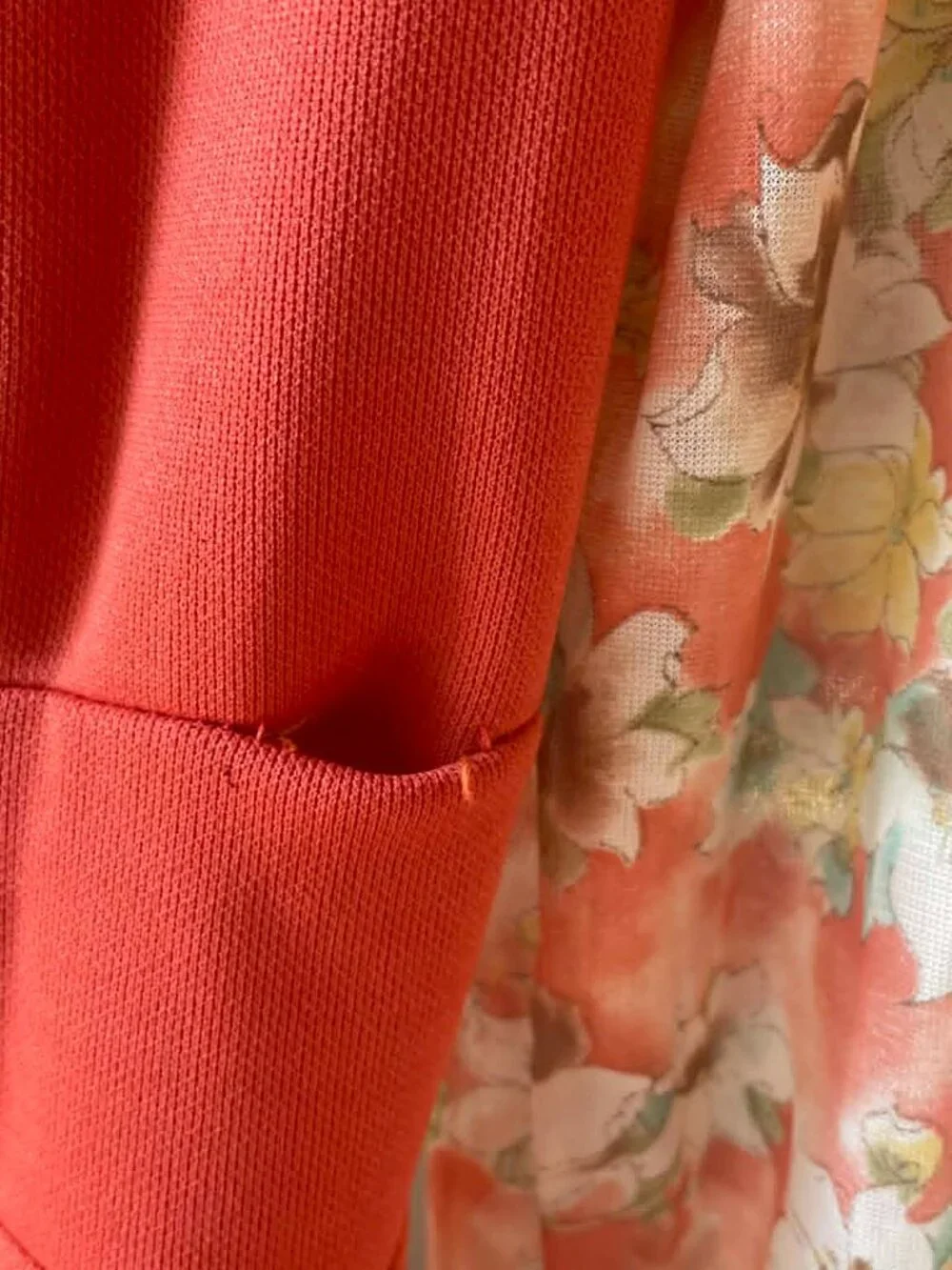 Vintage 70s Coral Orange Secretary Dress Sheer Floral Bishop Sleeves Small